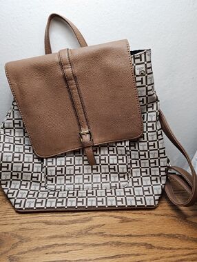 Tommy Hilfiger Brown Leather-Trim Monogram Canvas Backpack